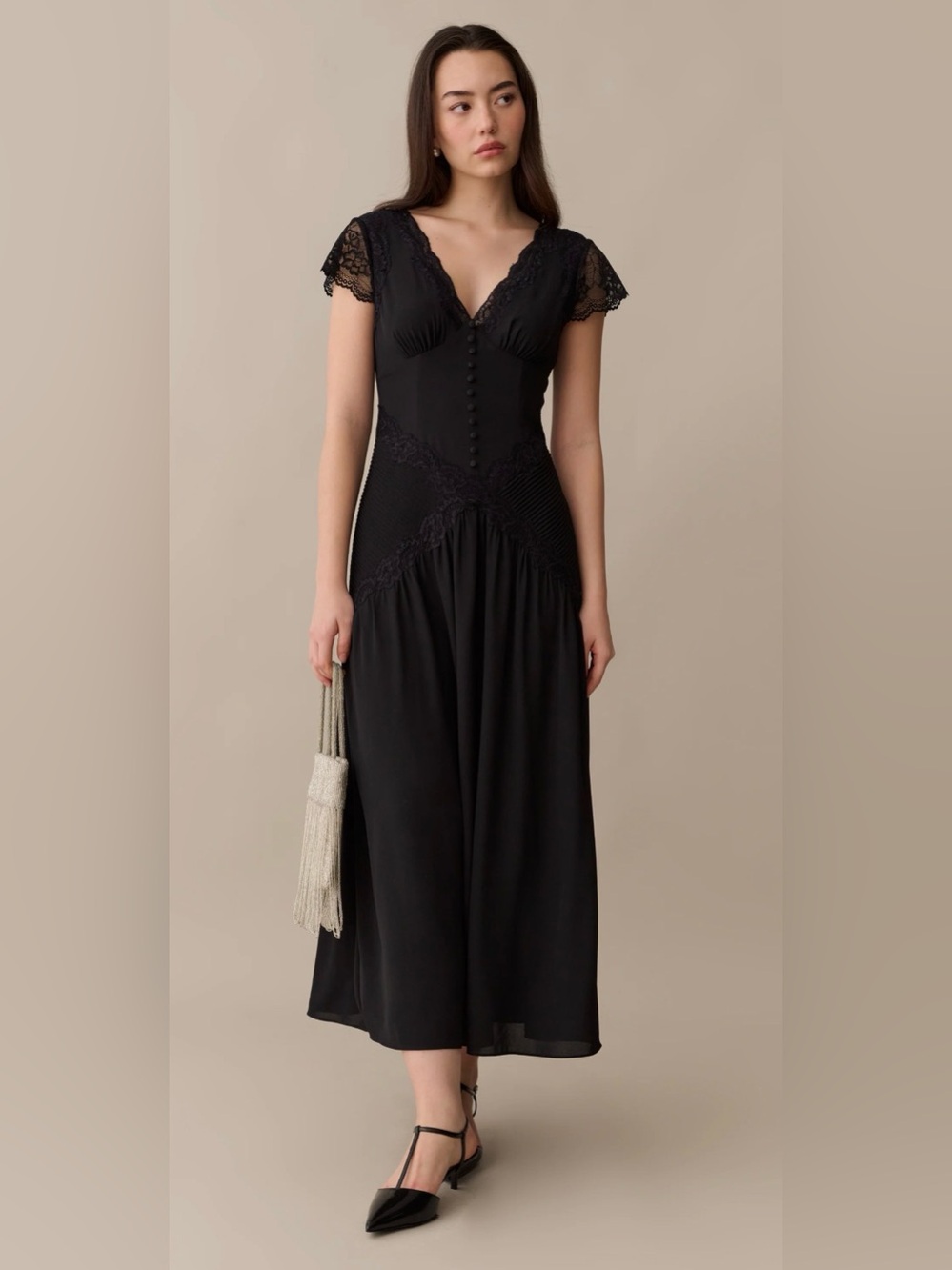 Few Moda o.p.t NWT Vaiana Black Lace-Trim Midi Dress with Cap Sleeves